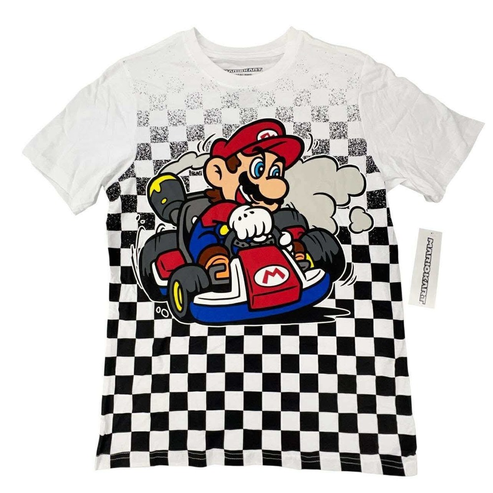 Mario Kart Boys XL 14/16 T-Shirt White Checkered Graphic Tee Nintendo NEW w tags